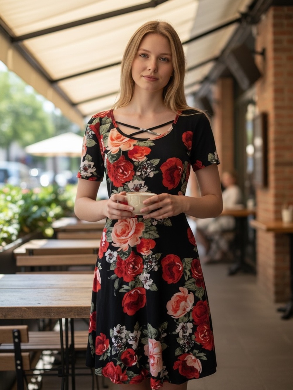 Joe Boxer Black Dress with Red and Blush Floral Print